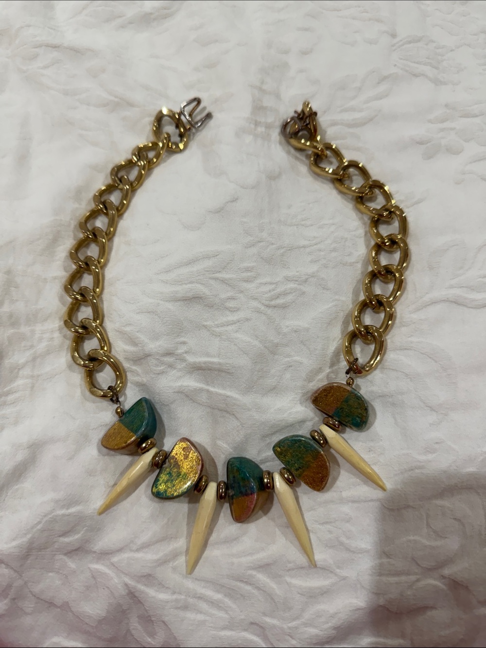 Gold Chain Statement Necklace with Teal and Cream Accents